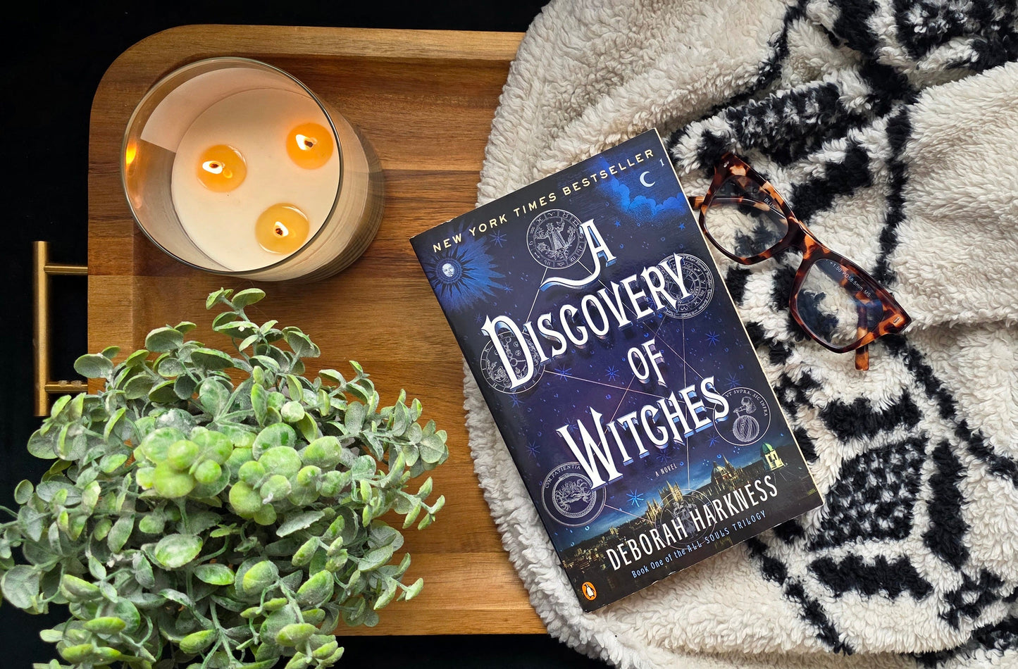 Book titled 'A Discovery of Witches' by Deborah Harkness on a textured surface with a candle and plant in the background.