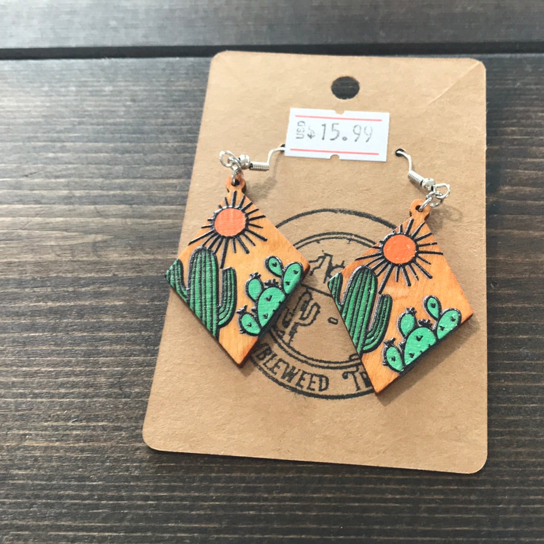 Wooden cactus earrings western