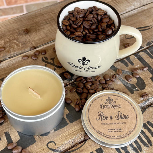 Rise n' Shine - Wooden Wick Candle: 8 oz Candle Tin