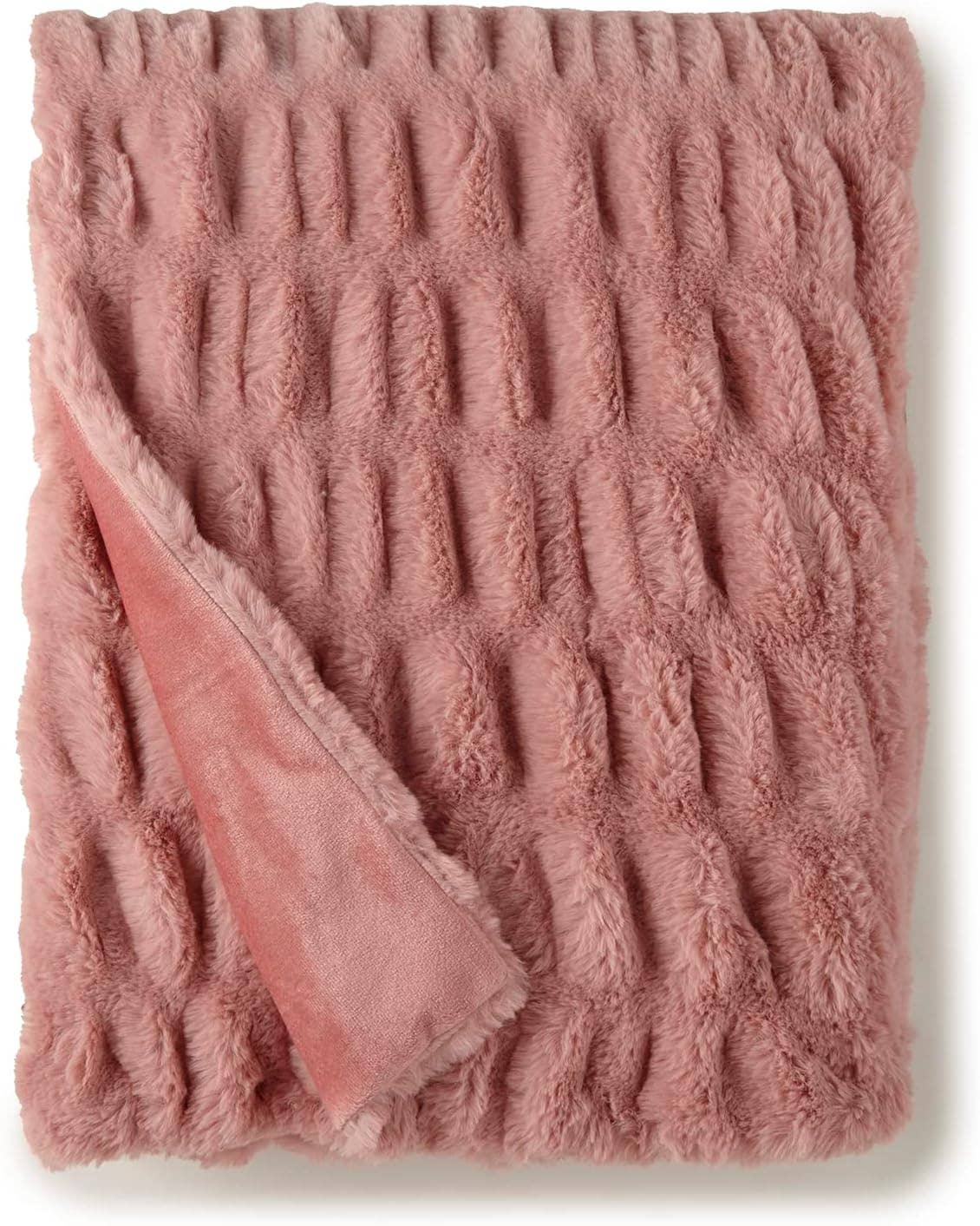 Ruched Faux Rabbit Fur Throw 50" x 60": Rose