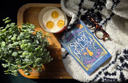 Book titled 'Shadow of the Divine Black' with a candle and plant on a textured surface