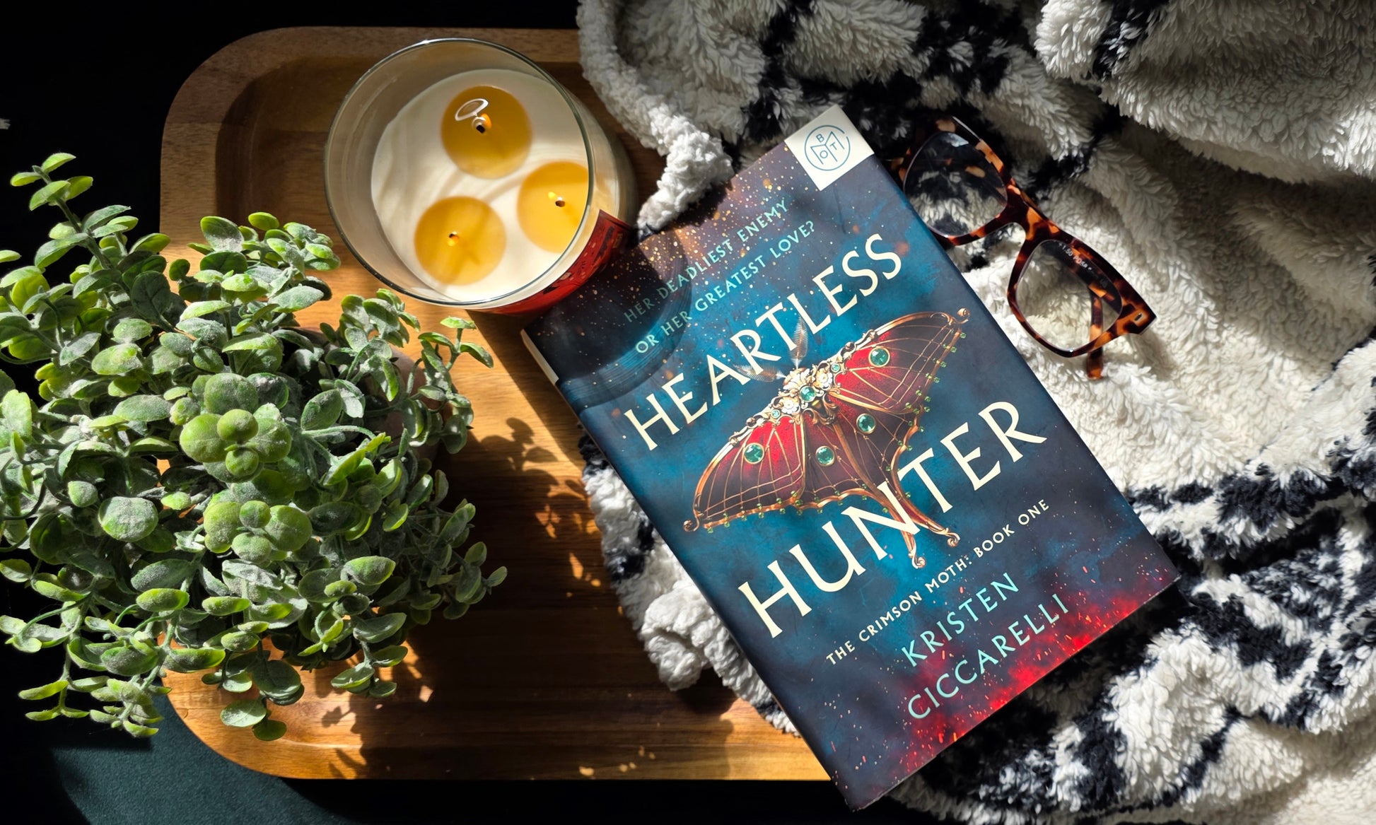 Book titled 'Heartless Hunter' by Kristen L. Coccarel on a tray with a candle and plant