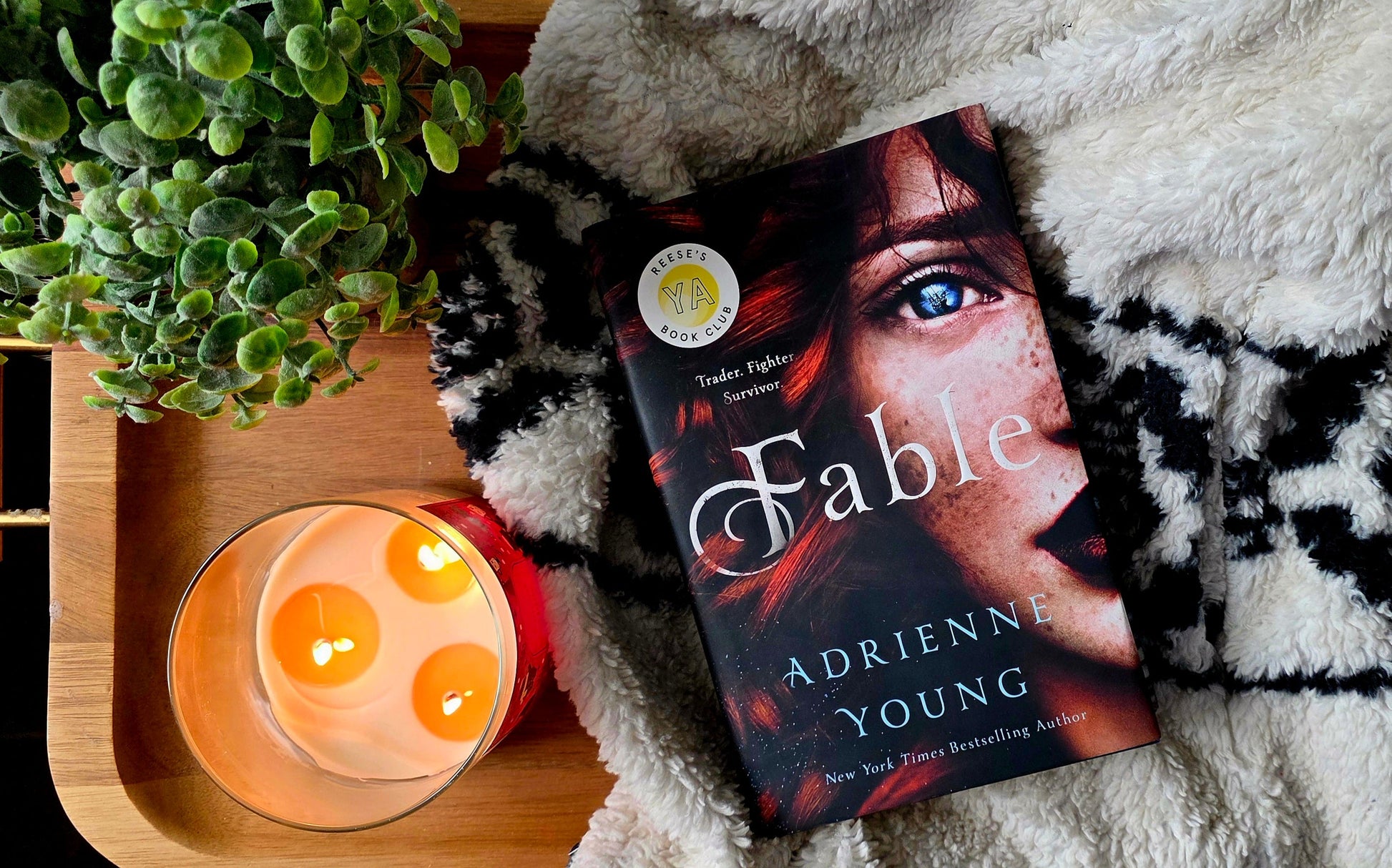 Book titled 'Fable' by Adrienn Young on a tray with a candle and plant