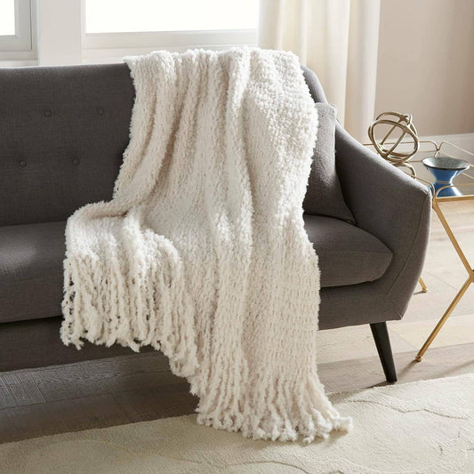 Ivory Fringe Trim Knit Faux Rabbit Fur Throw 50" x 60"