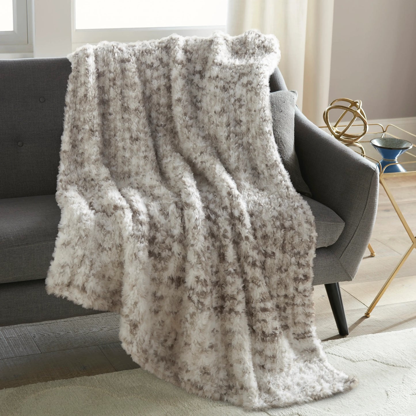 Ivory Gray Yarn Dye Faux Rabbit Fur Throw 50" x 60"