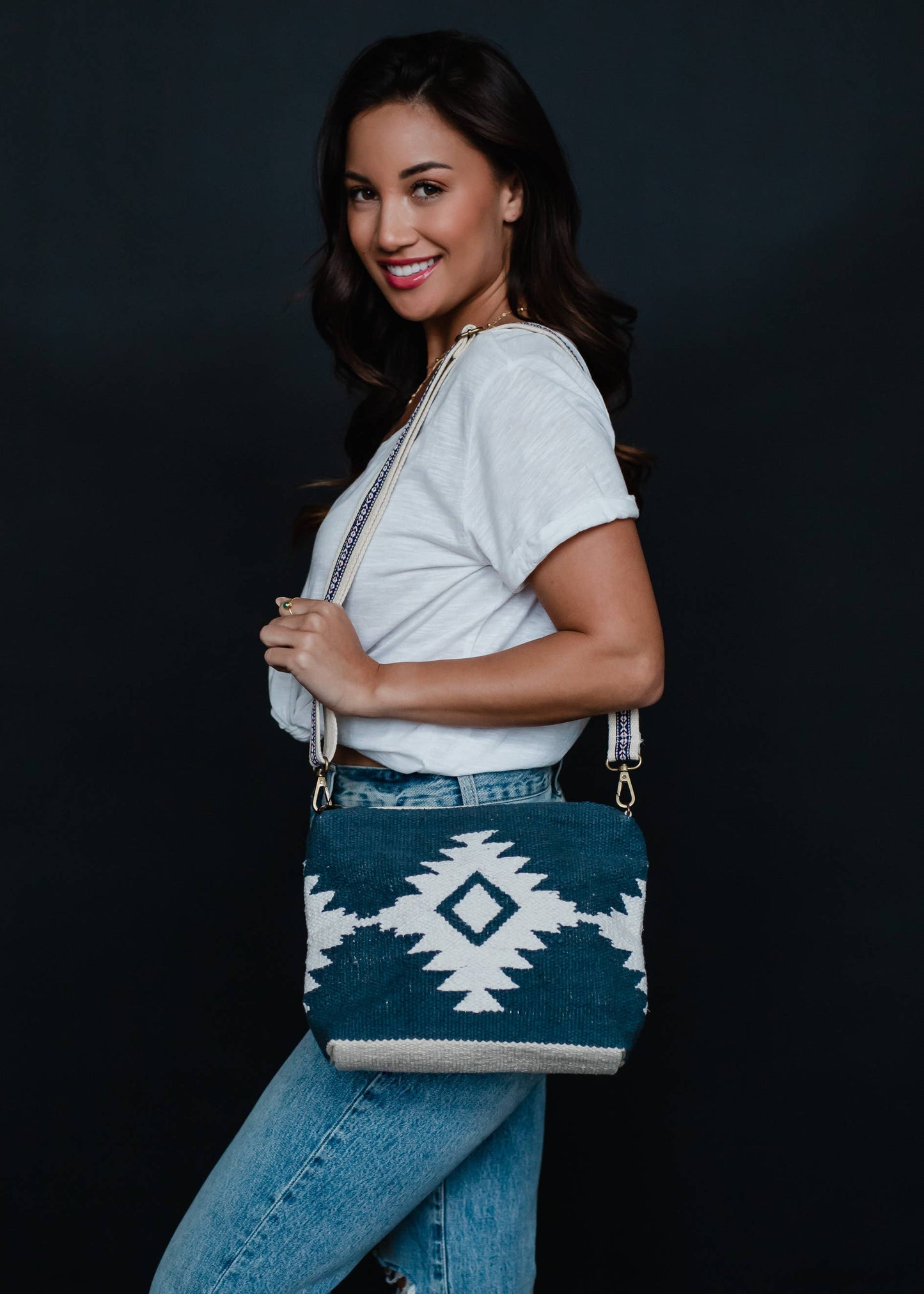 Navy, White & Yellow Aztec Crossbody