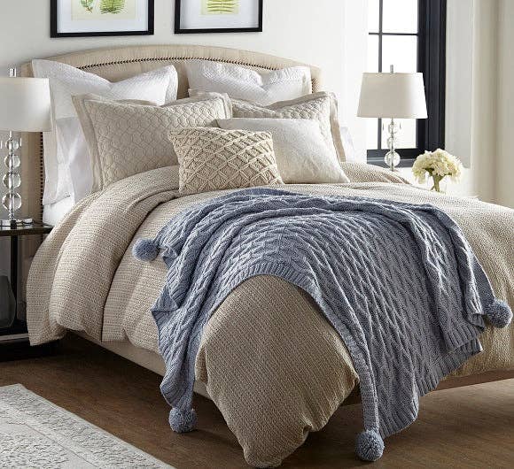 Pom Pom Sweater Knit Throw 50" x 60": GREY