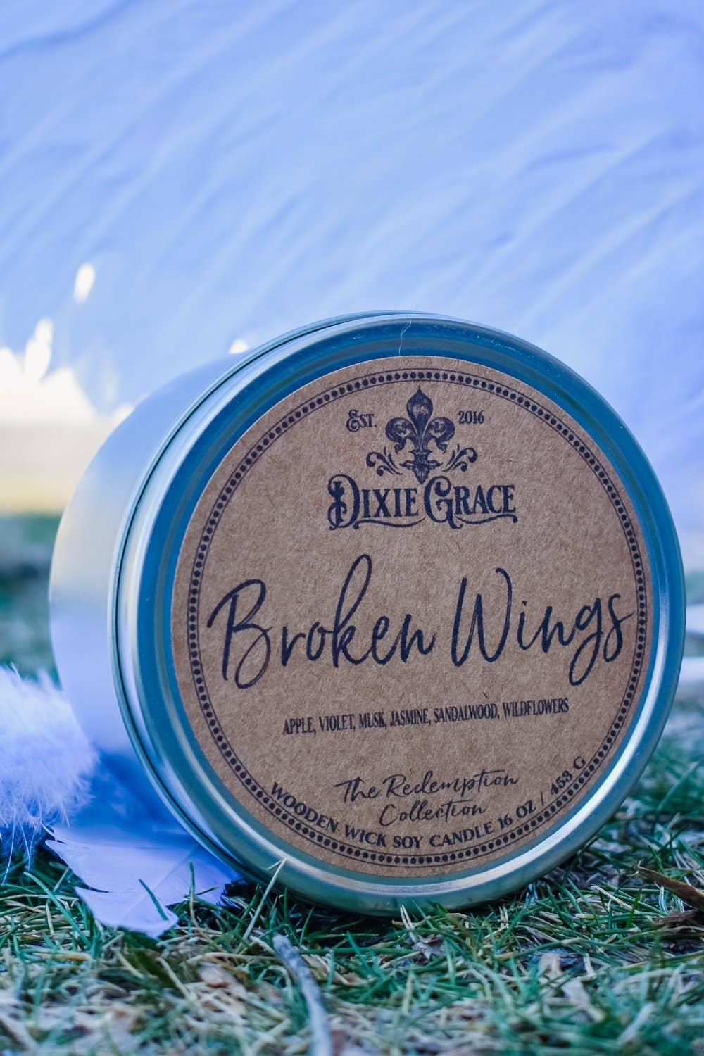 Broken Wings - Wooden Wick Candle: 8 oz Candle Tin