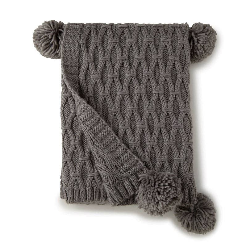 Pom Pom Sweater Knit Throw 50" x 60": GREY