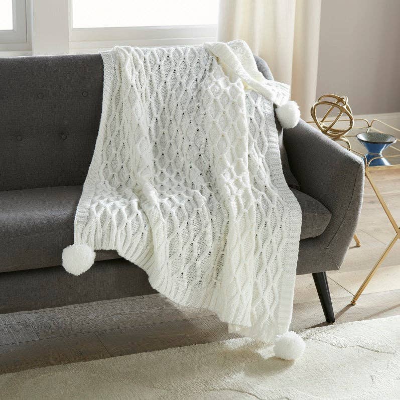 Pom Pom Sweater Knit Throw 50" x 60": GREY