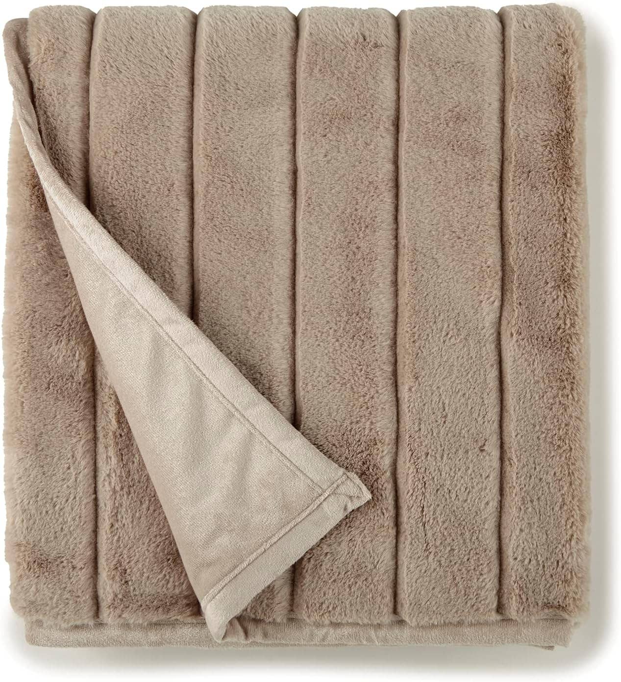 Channel Cut Faux Rabbit Fur Throw 50" x 60": Taupe