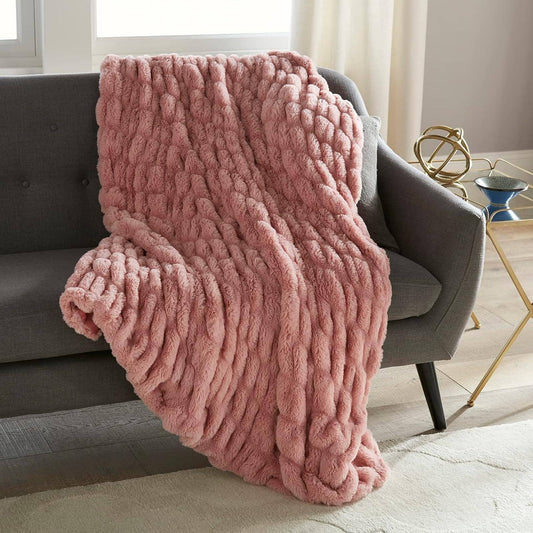 Ruched Faux Rabbit Fur Throw 50" x 60": Rose