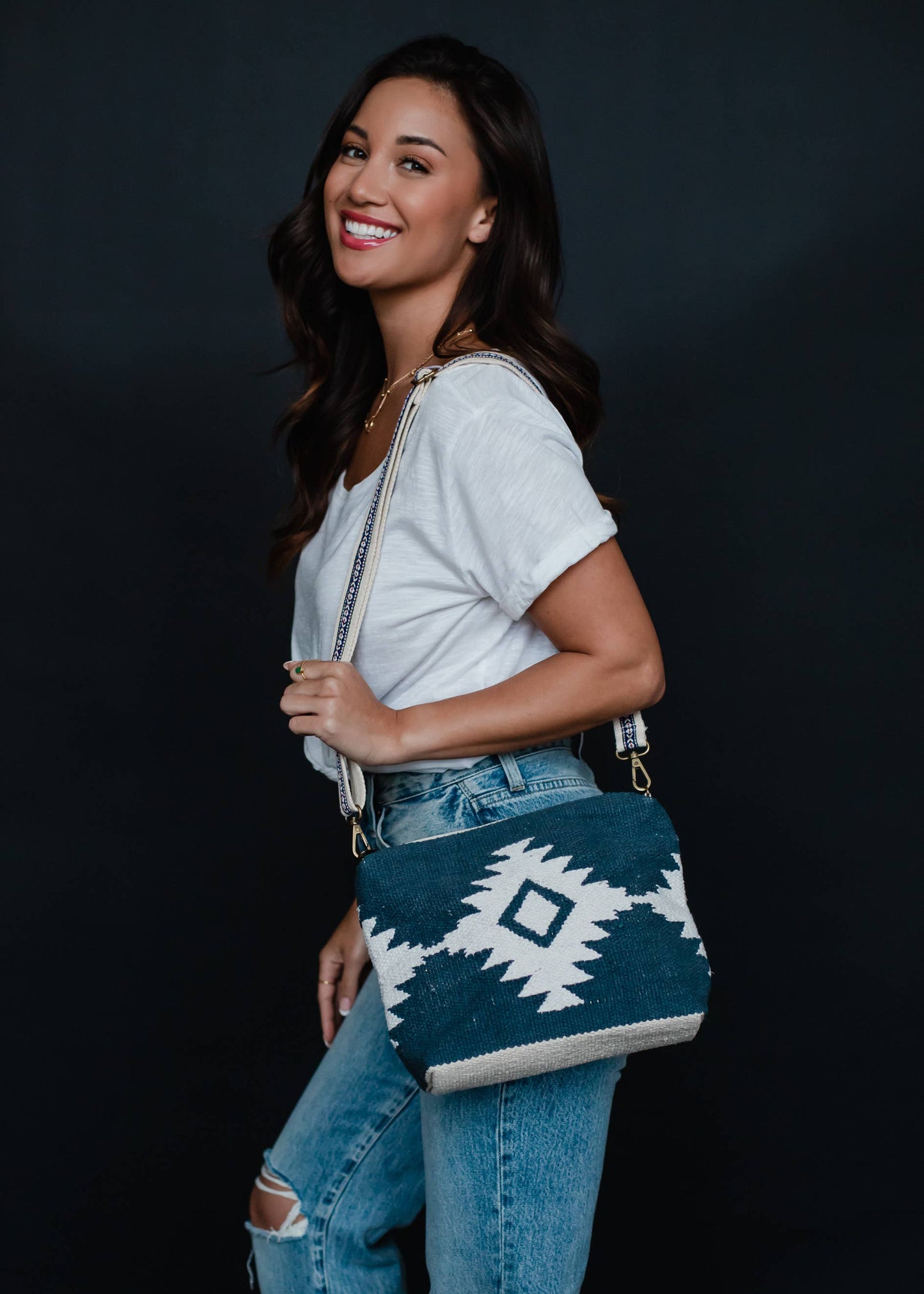 Navy, White & Yellow Aztec Crossbody