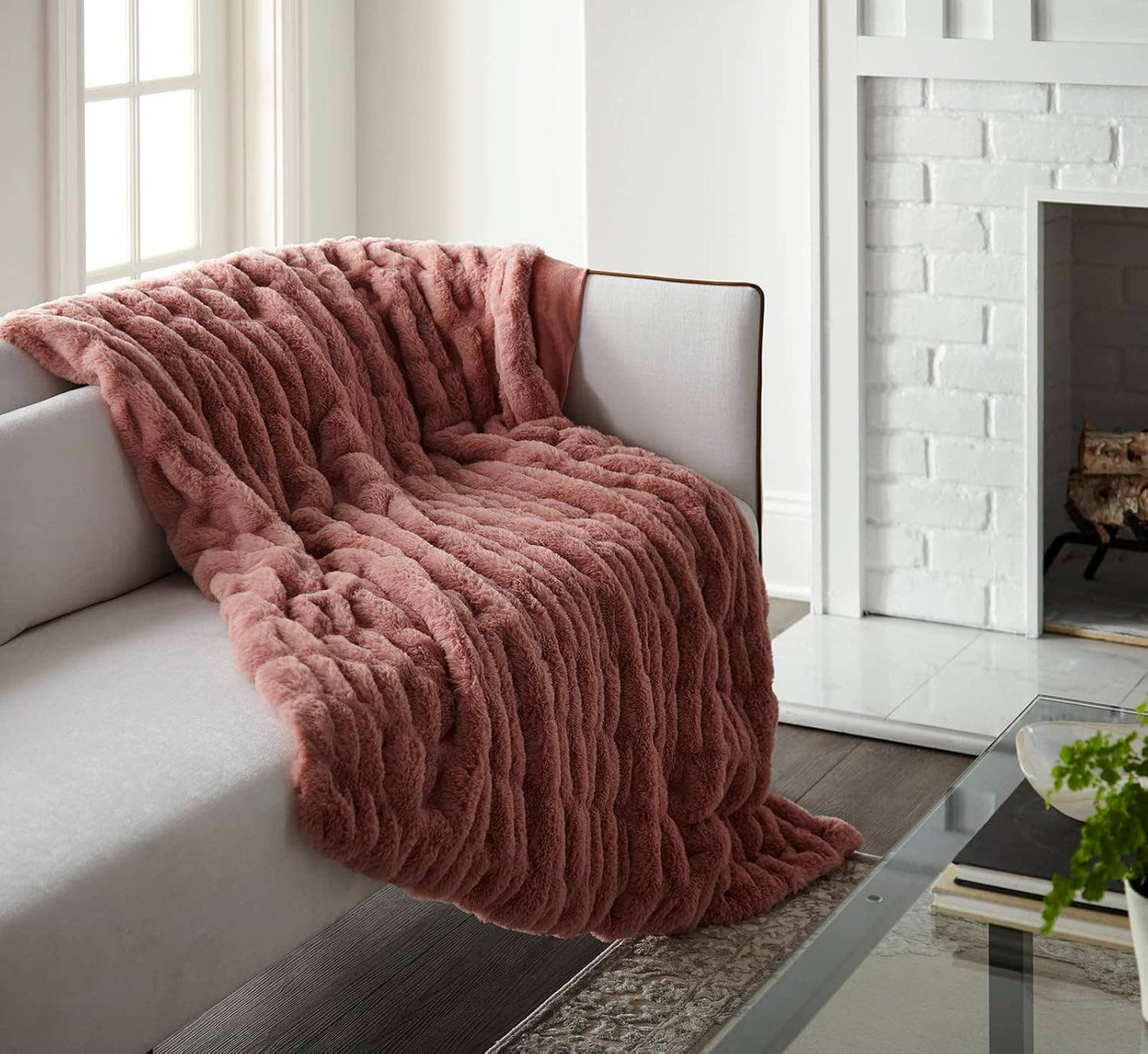 Ruched Faux Rabbit Fur Throw 50" x 60": Rose