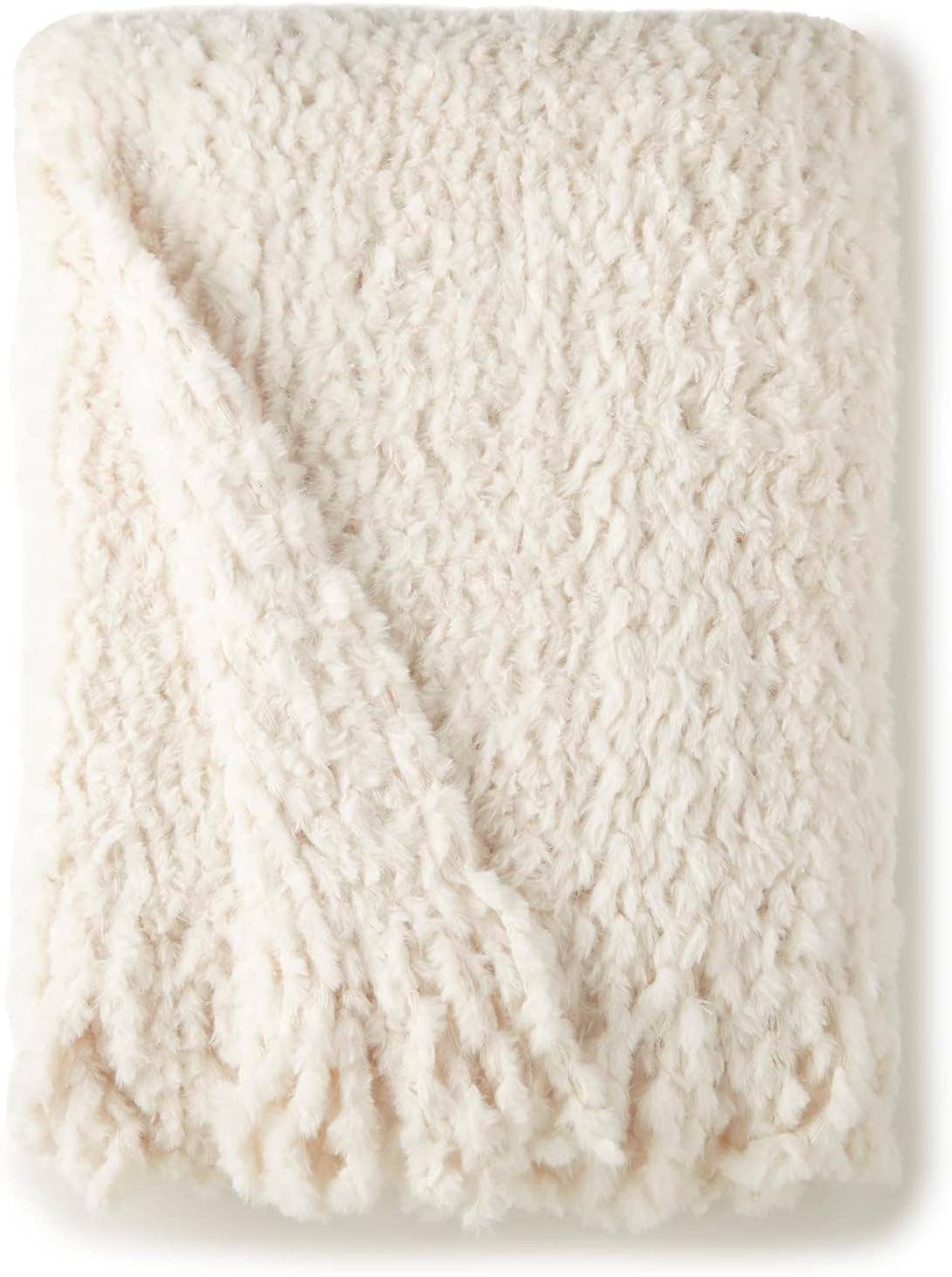 Ivory Fringe Trim Knit Faux Rabbit Fur Throw 50" x 60"