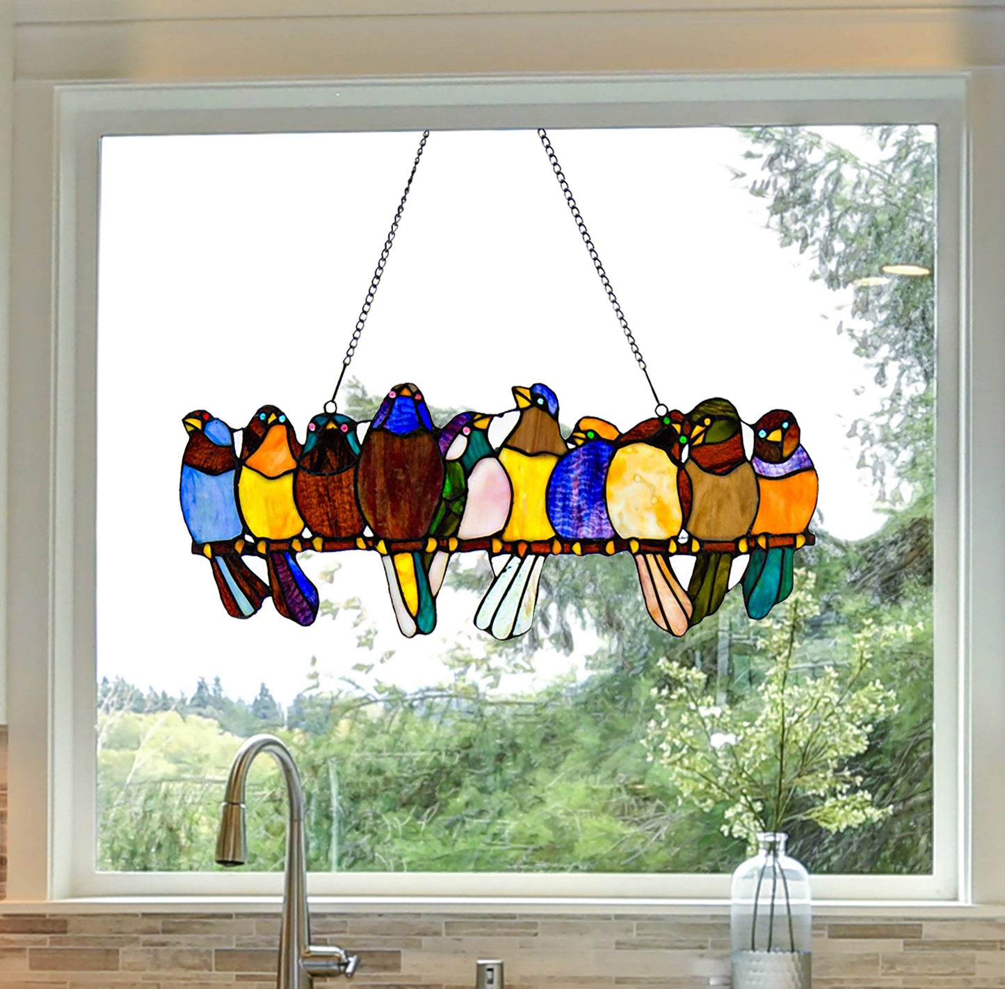 9.5"H Marisol Multicolor Birds Stained Glass Window Panel