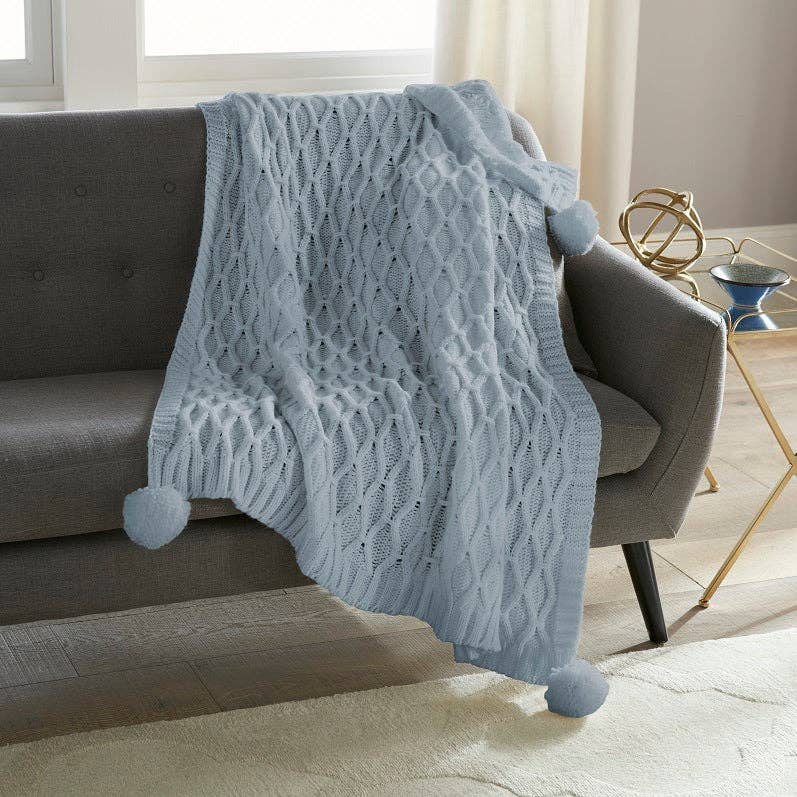 Pom Pom Sweater Knit Throw 50" x 60": GREY