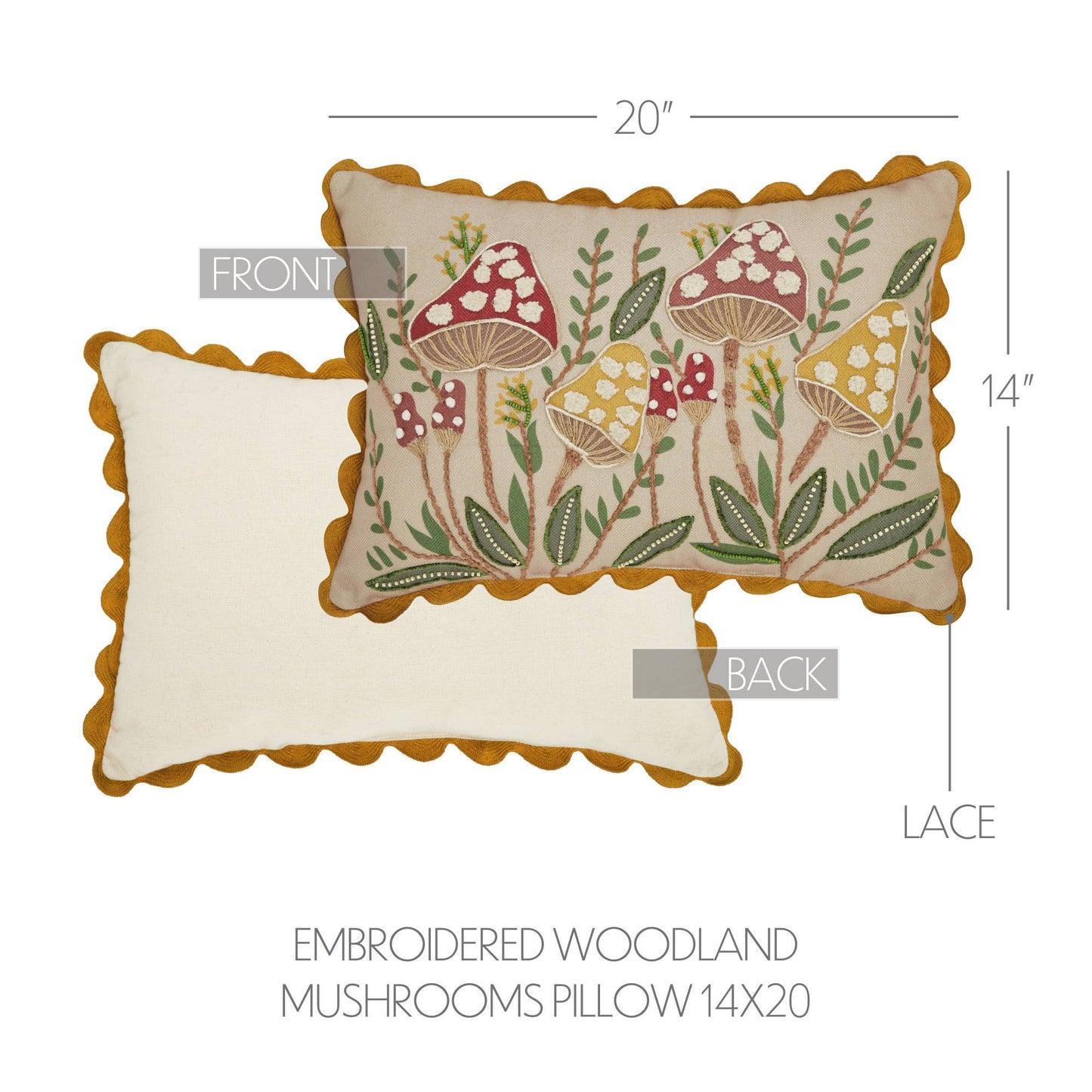 Embroidered Woodland Mushroom Pillow 14x20