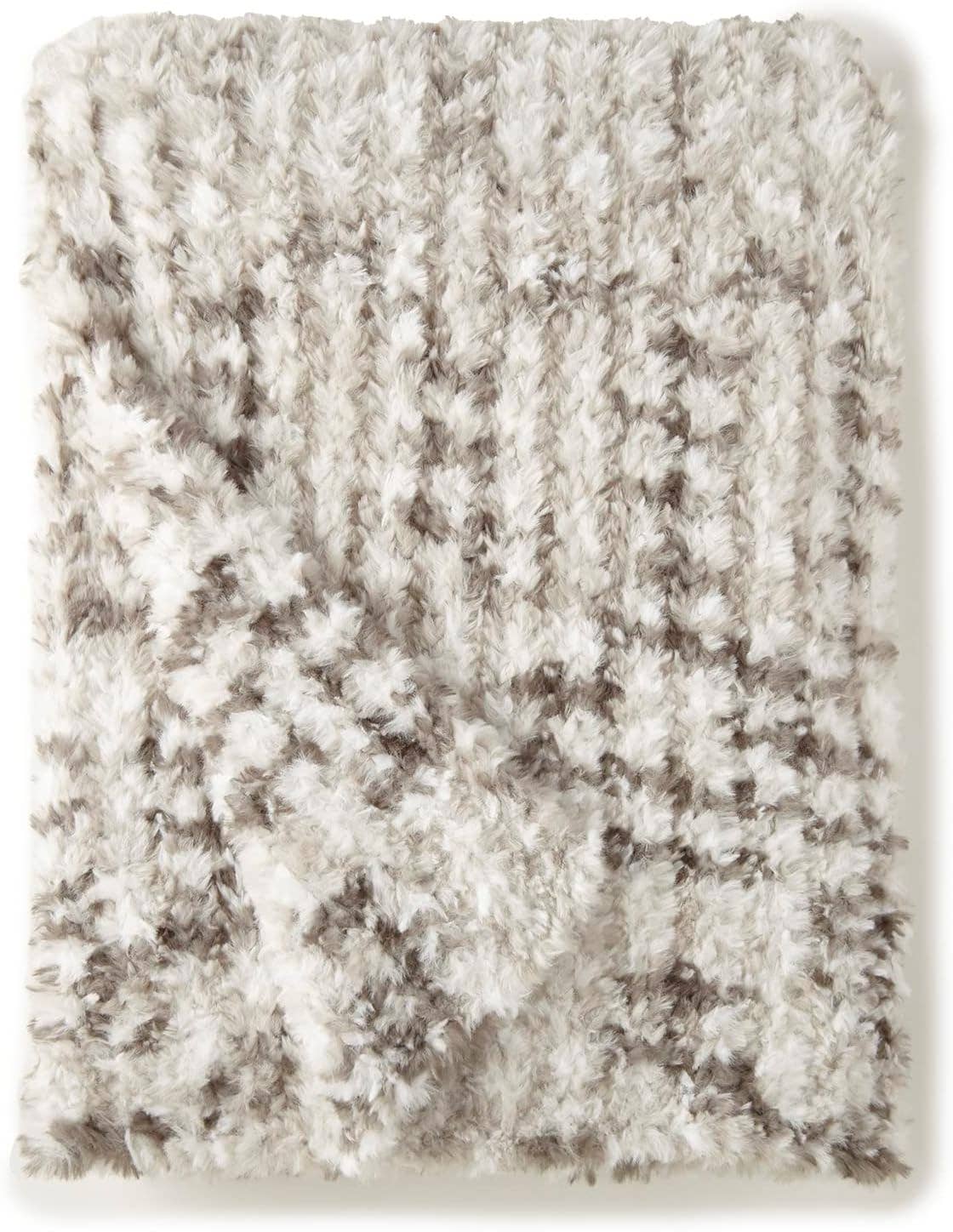 Ivory Gray Yarn Dye Faux Rabbit Fur Throw 50" x 60"