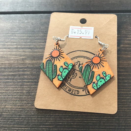 Wooden cactus earrings western