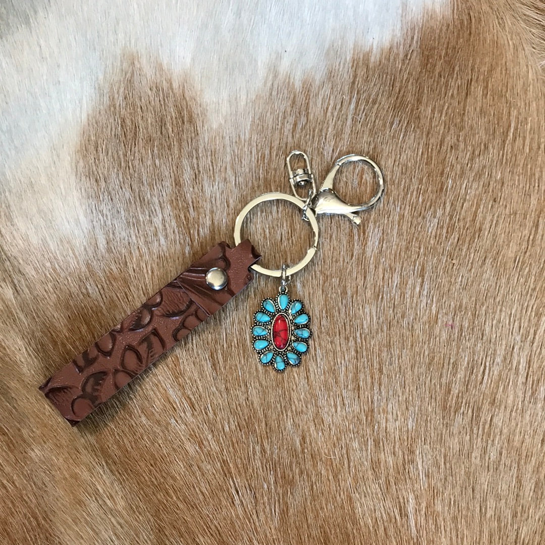 squash flower keychain with faux turquoise and red stone accents