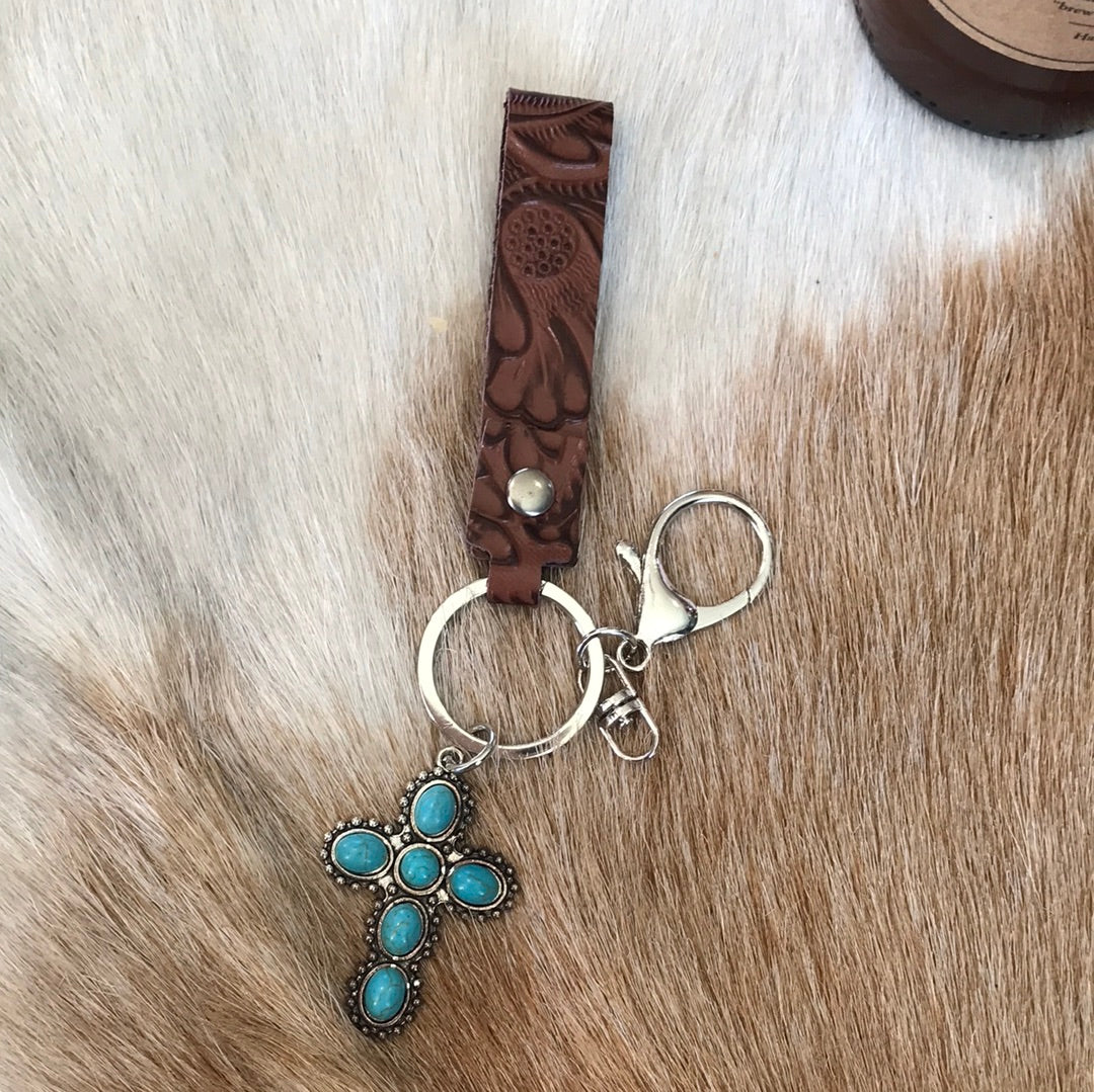 cross keychain with faux turquoise