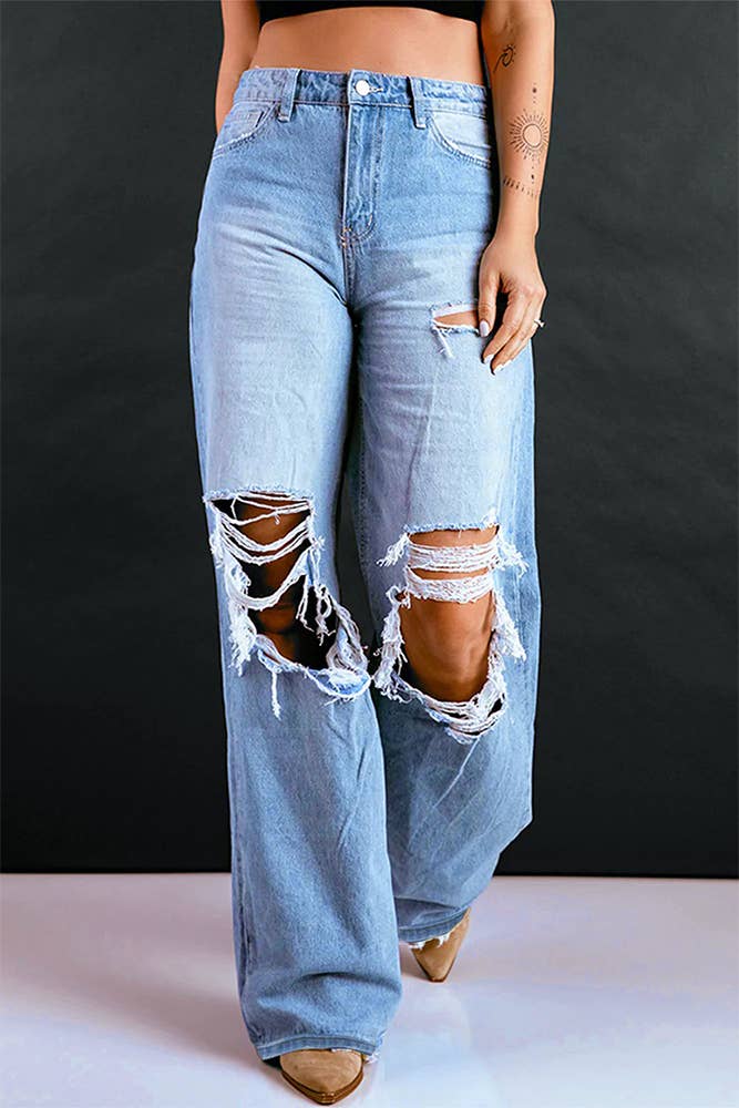 Blue Washed High Waist Ripped Hole Jeans Pants