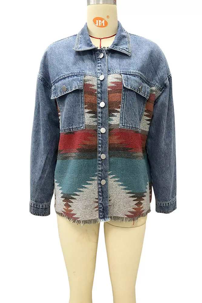 Aztec Splicing Buttons Up Denim Jacket Shacket