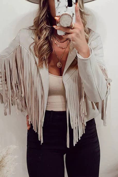 Long Sleeve Faux Suede Tassel Jacket