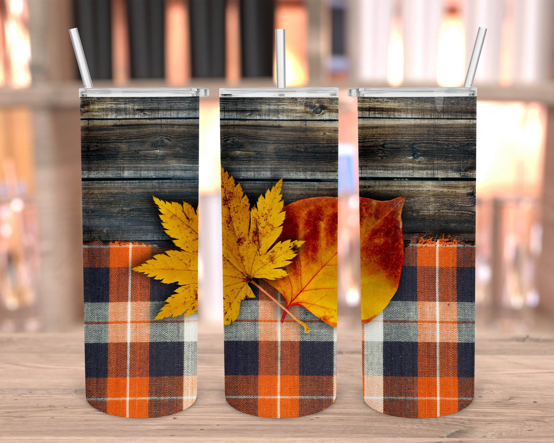 WOOD PLAID AND LEAF FALL TUMBLER