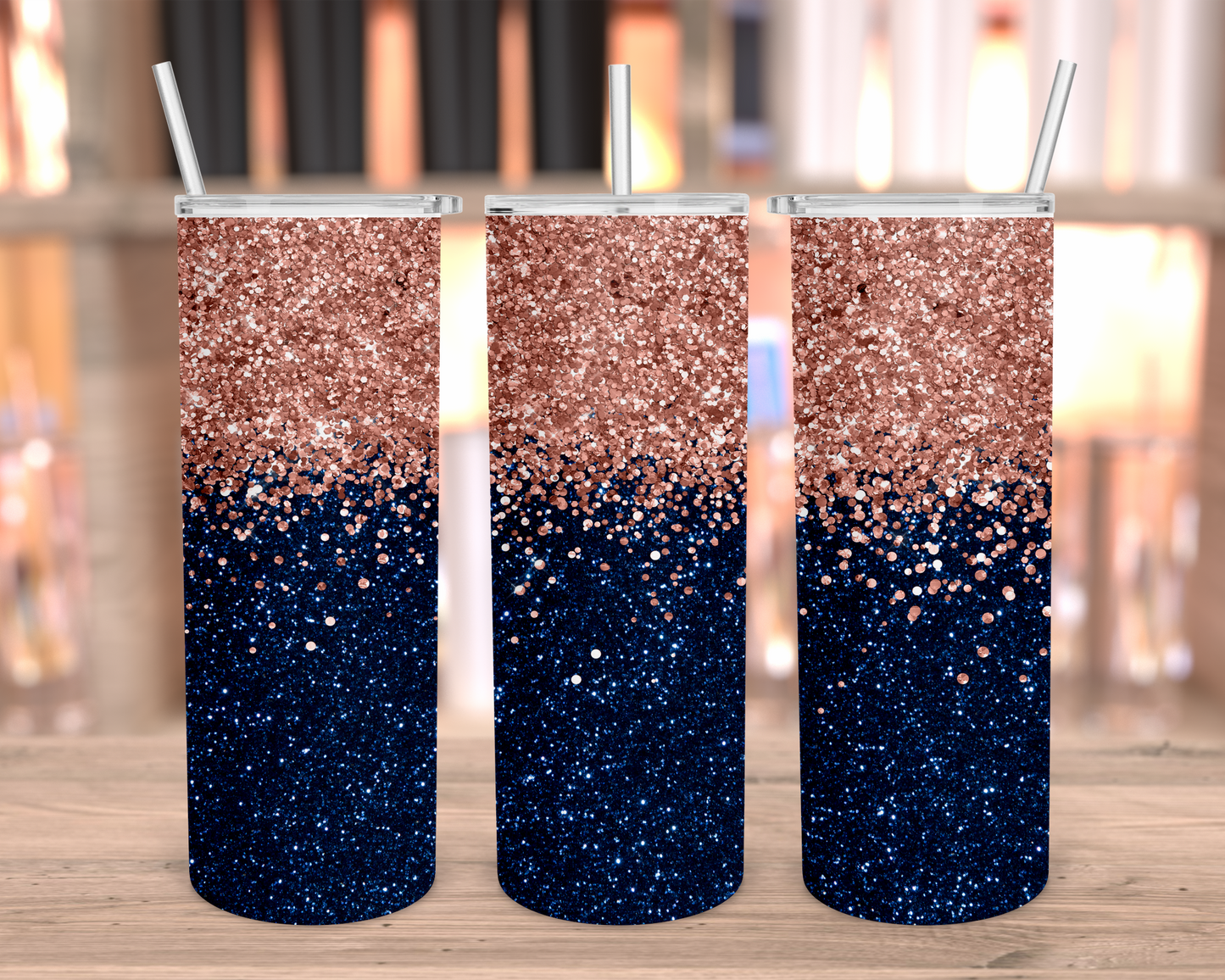 NAVY & ROSE GOLD TUMBLER, FAUX GLITTER, PRINTED