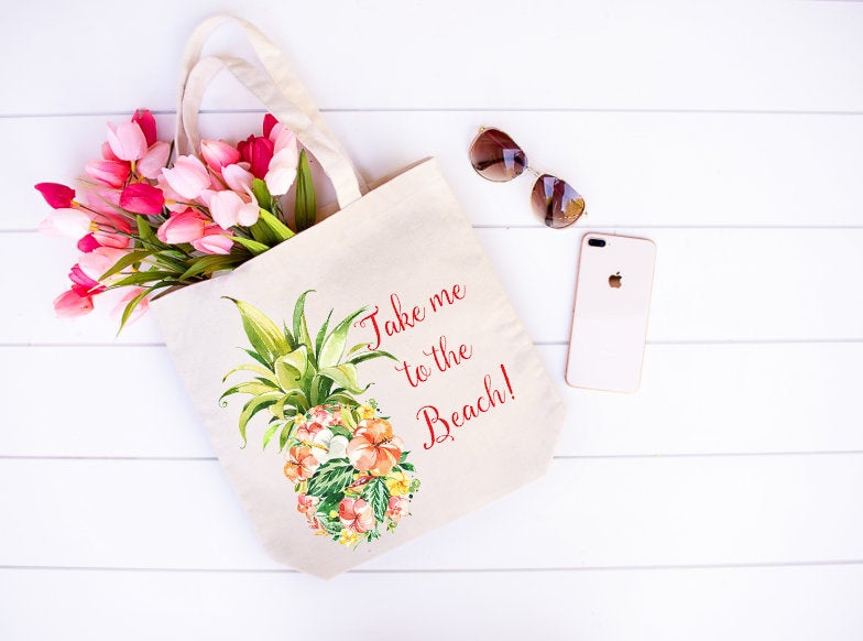 TAKE ME TO THE BEACH FLORAL PINAPPLE TOTE 