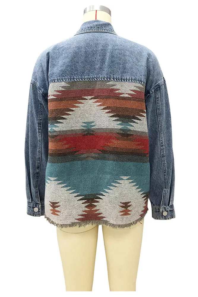 Aztec Splicing Buttons Up Denim Jacket Shacket