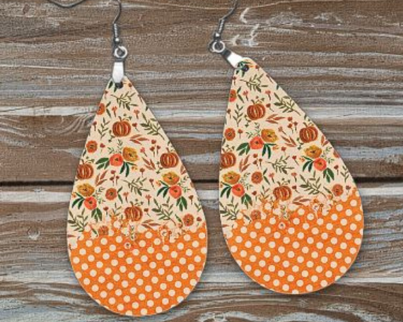 POLKA DOTS, ORANGE, PUMPKINS, LEAVES, TEARDROP EARRING SUBLIMATED DESIGN ON HARDBOARD WITH DROP FISH HOOKS